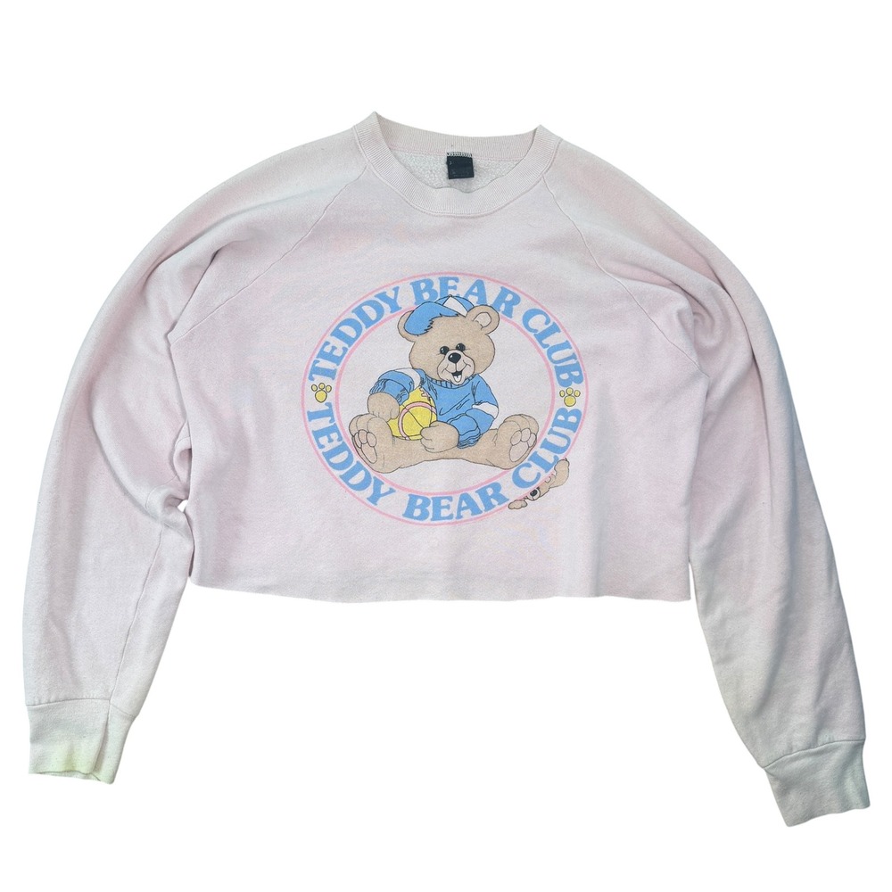 80s Pastel Teddy Bear Club Sweatshirt Cropped Raglan Vintage XL Pink Cute